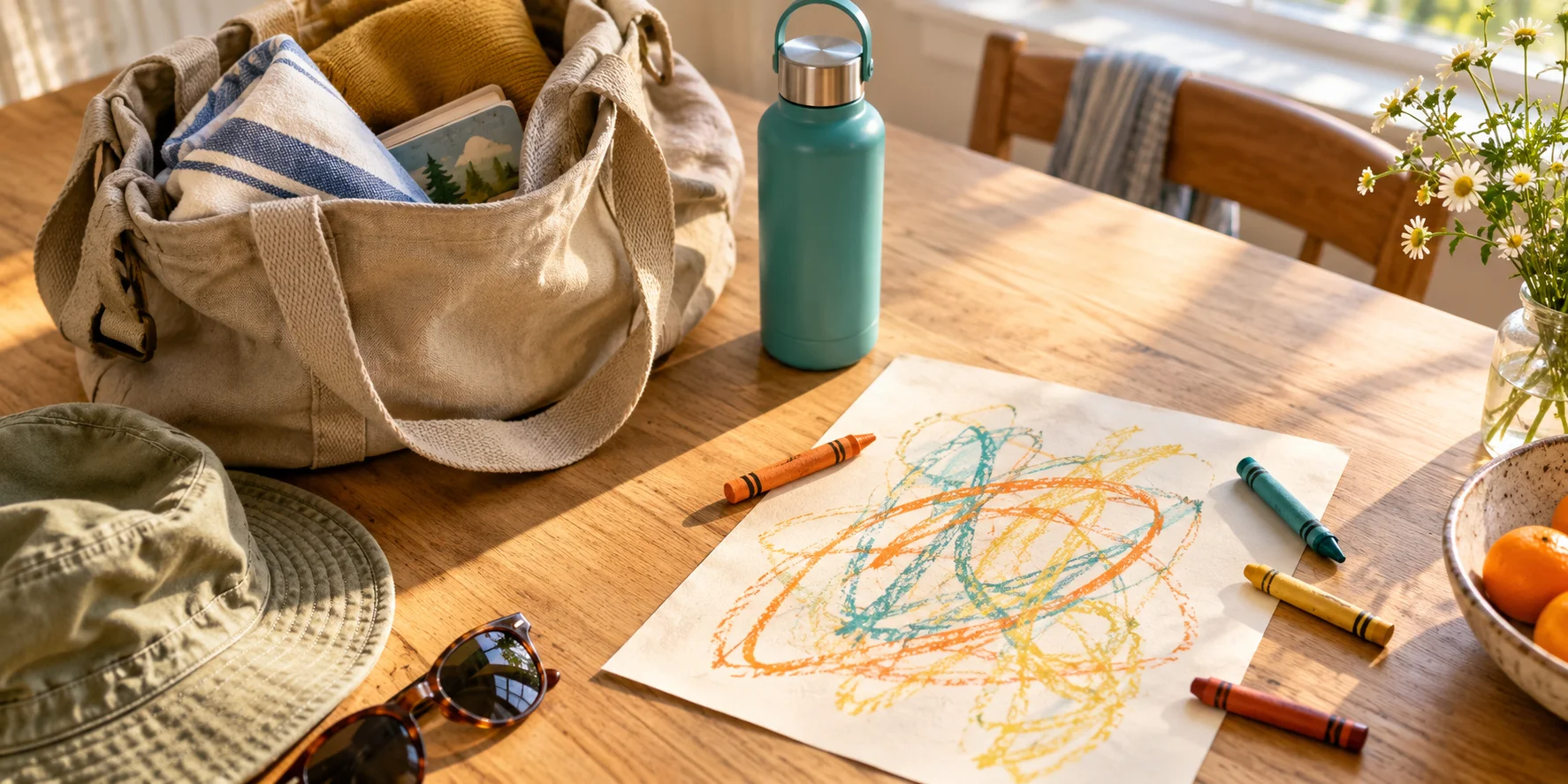 Illustrative still life of a day bag, water bottle, paper and colourful crayons on a sunlit table.